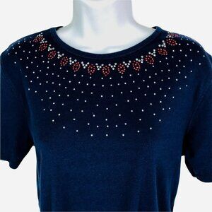 Brunswick Square Women Size M Navy Blue with Tiny Red Silver Sequins Short Sleev